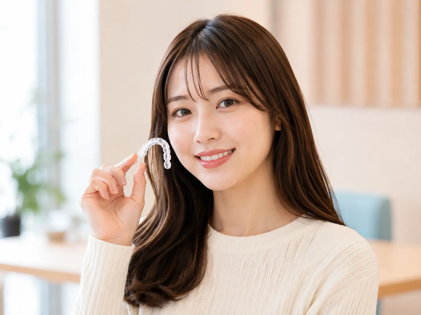 透明アライナーを手に持つ女性